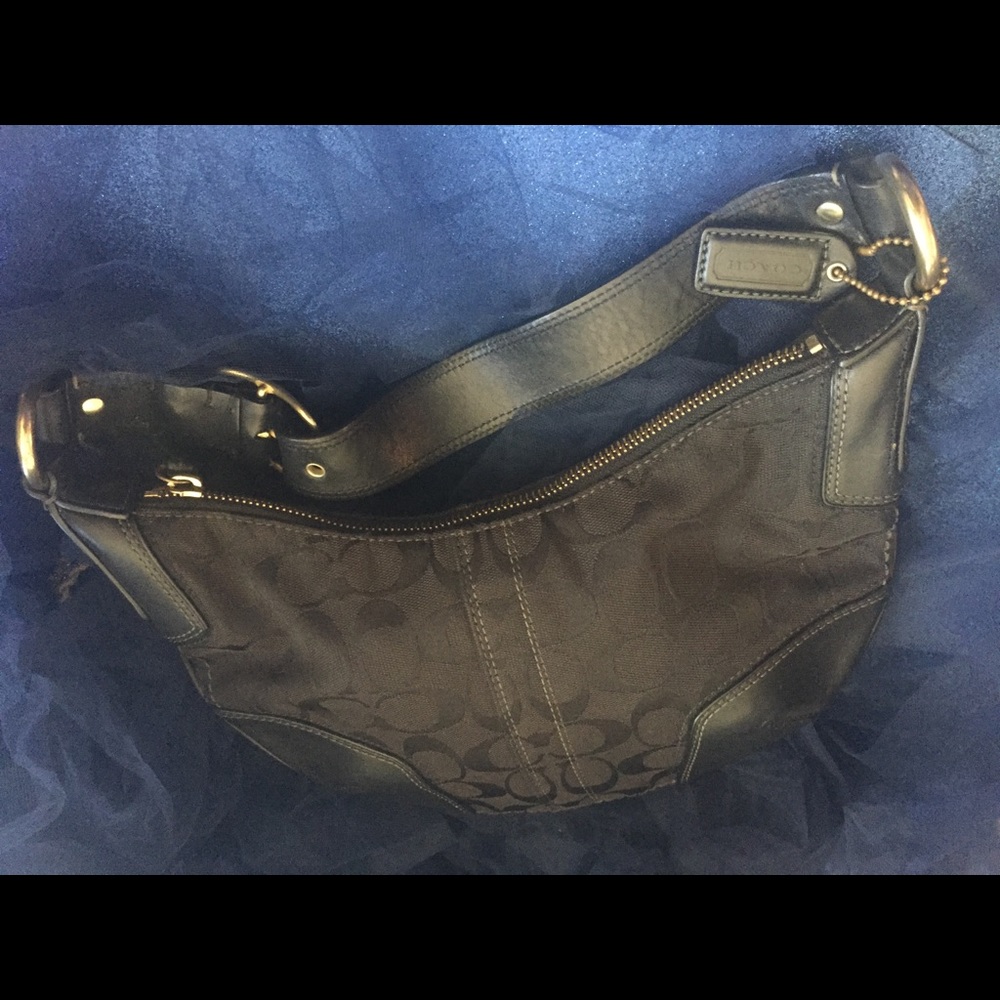 COACH VNTG JACQUARD BLACK FABRIC LEATHER  BAGUETTE CRESCENT Bag GORG BOHO RARE